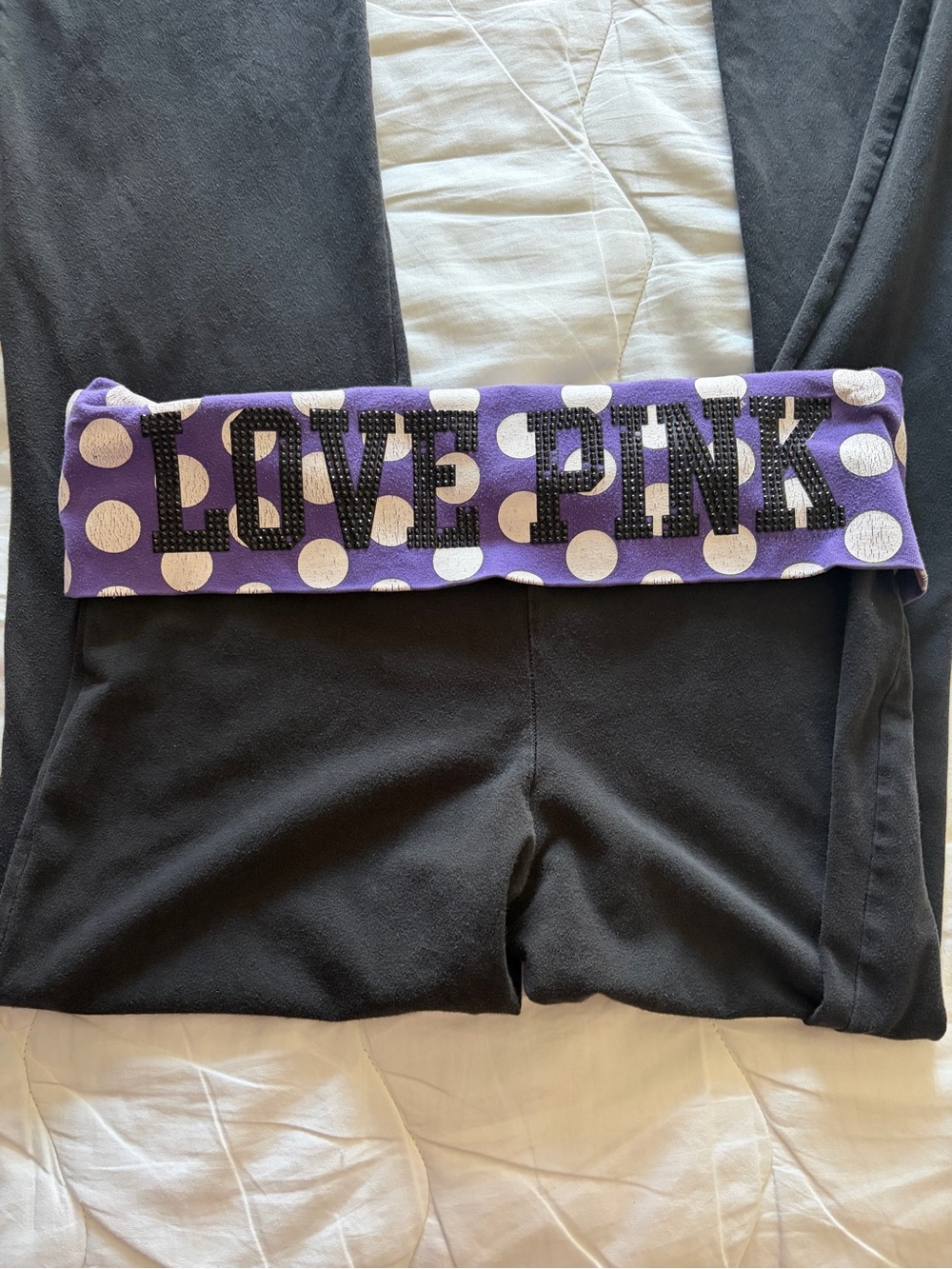 Victoria's Secret PINK Black Fold Over Flare Leggings w/ Purple Polka Dot